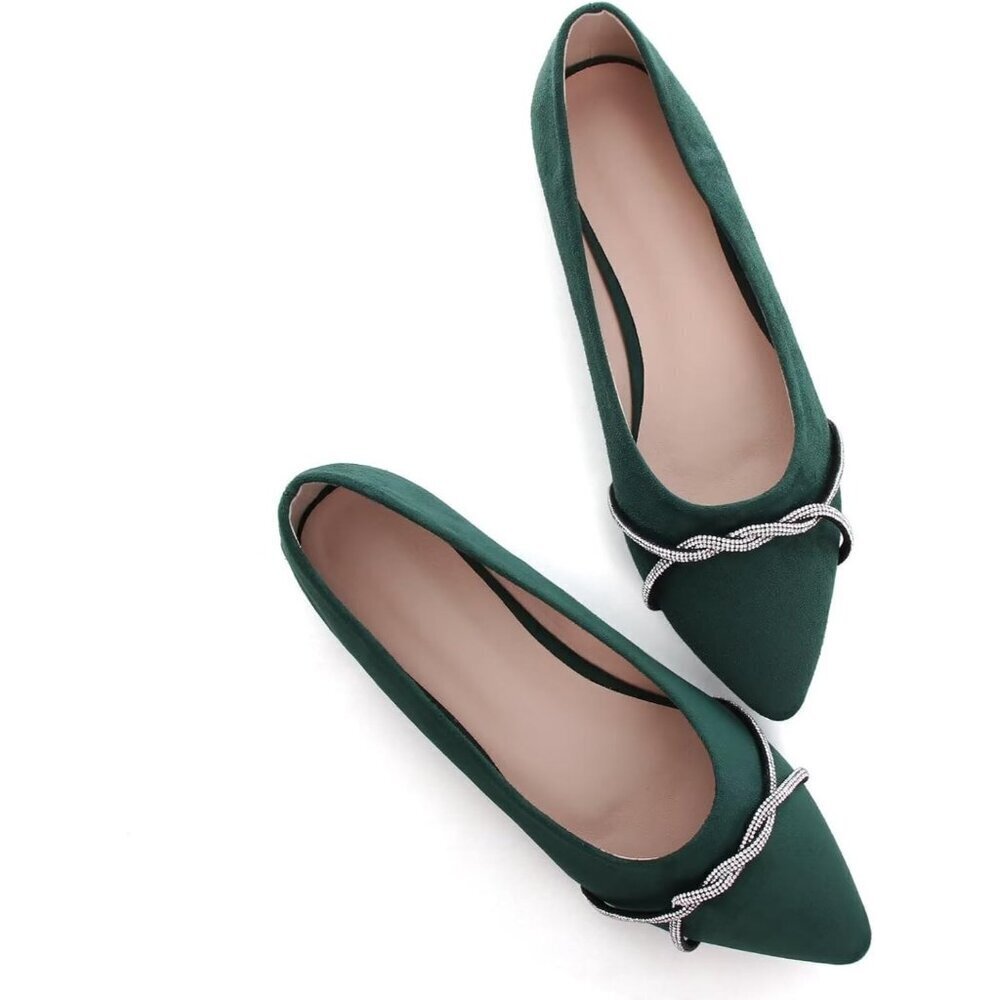 Women's Dark Green Casual Flats Fashion Chain Pointed Toe Ballet Flat Rhinestone - Picture 4 of 7